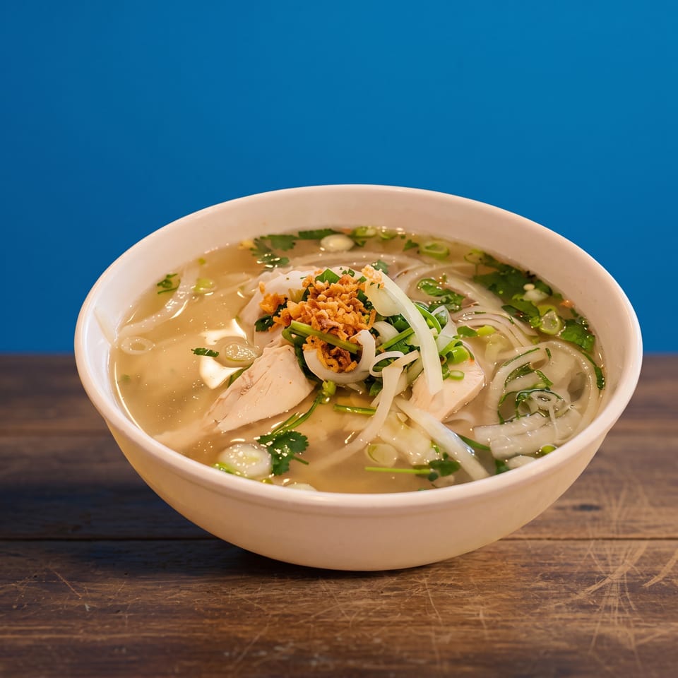 A bowl of Vietnamese pho with chicken, noodles, onions, and cilantro on a wooden table.