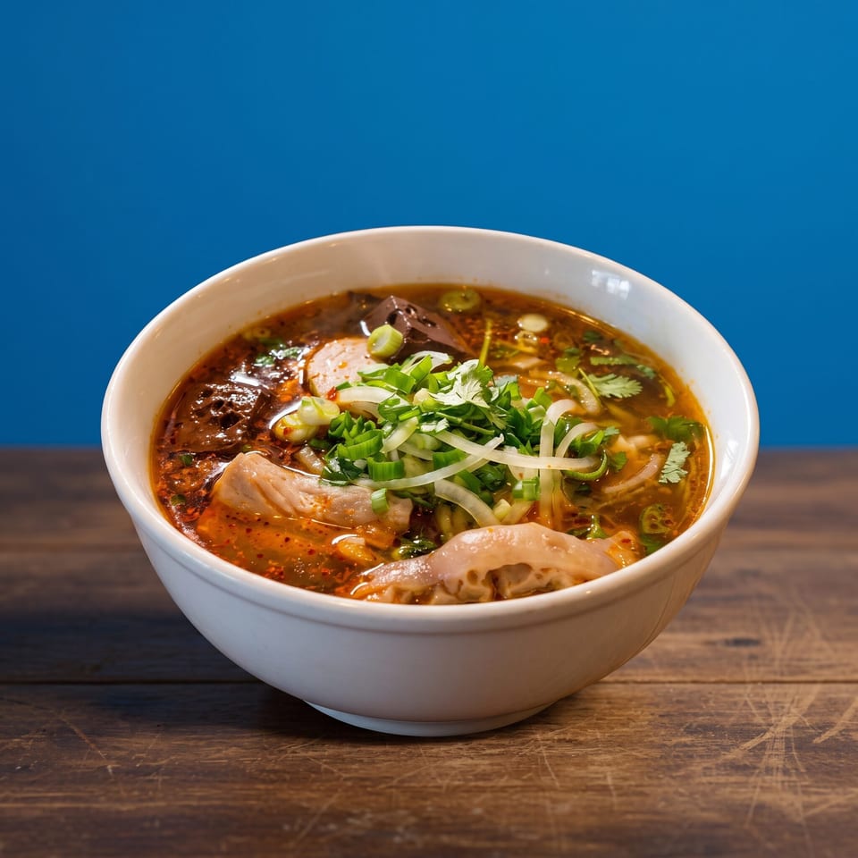 Spicy Vietnamese noodle soup with various meats, herbs, and vegetables in a white bowl.