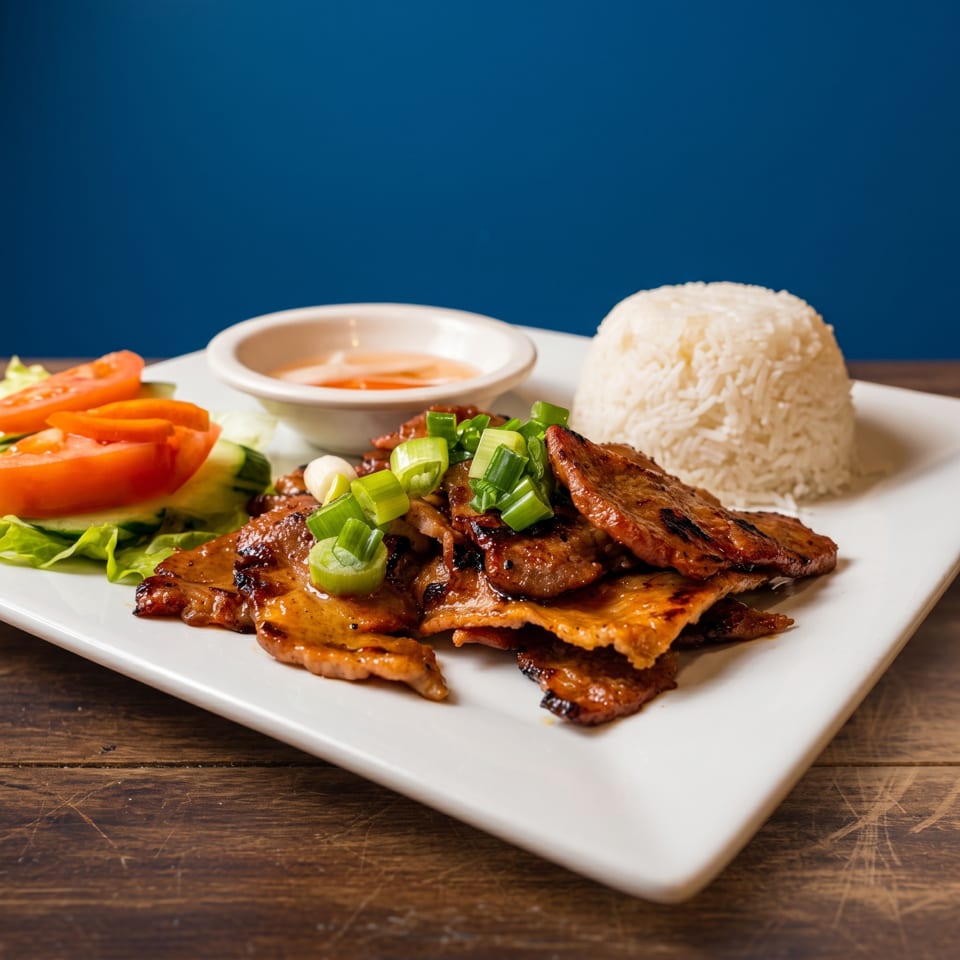 Grilled pork with rice, fresh salad, and a side of dipping sauce on a white plate.