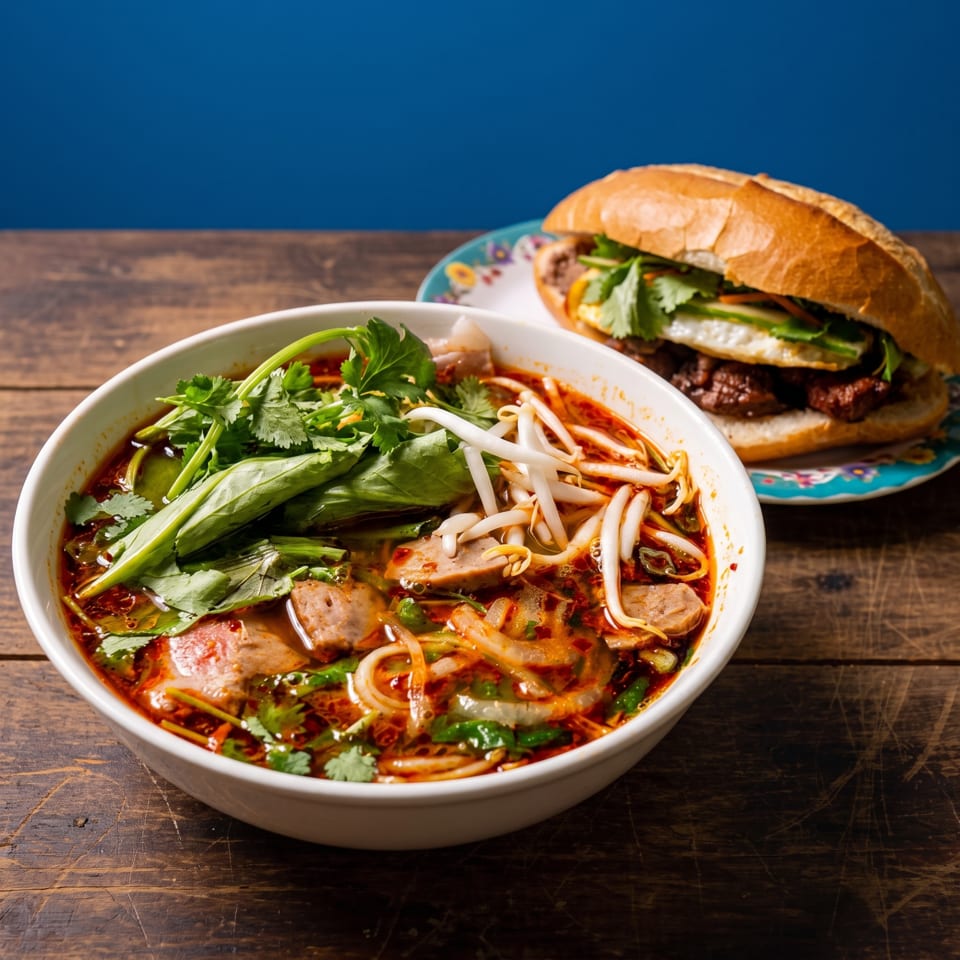 Spicy Vietnamese noodle soup with herbs and bean sprouts, with a banh mi sandwich in the background.