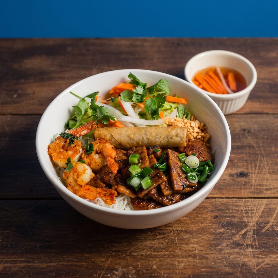 A Vietnamese vermicelli bowl with shrimp, pork, egg roll, and vegetables on a wooden table.