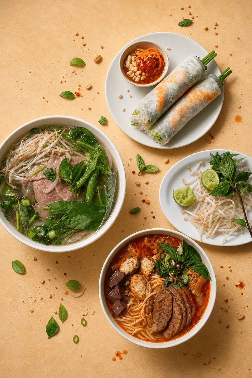 Close-up of Bún Bò Huế broth and beef